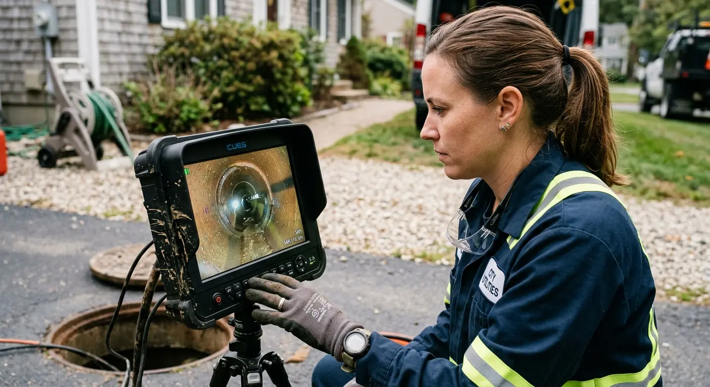 Technician reviewing sewer camera inspection footage in Warr Acres