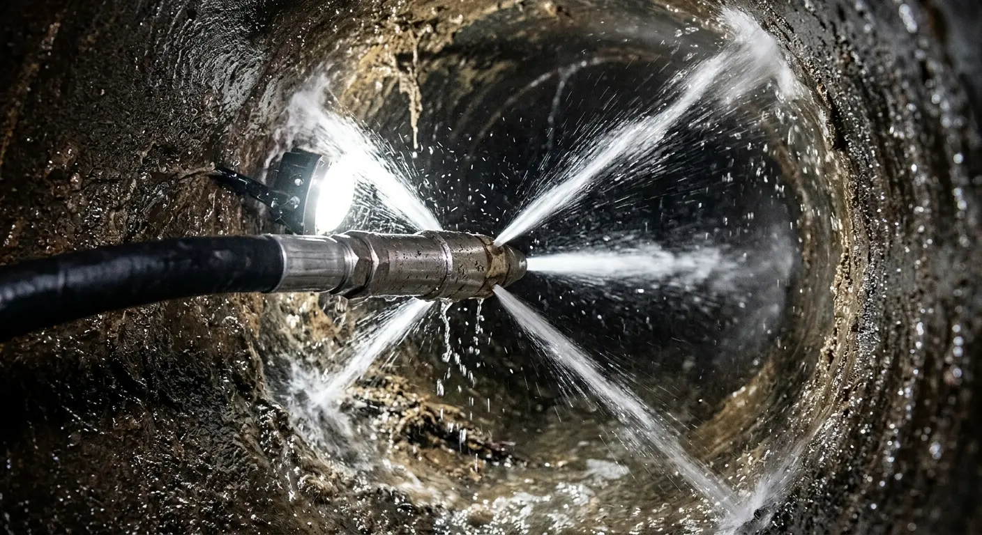 High-pressure hydro jetting nozzle cleaning sewer pipe for Emergency Drain Service in Warr Acres
