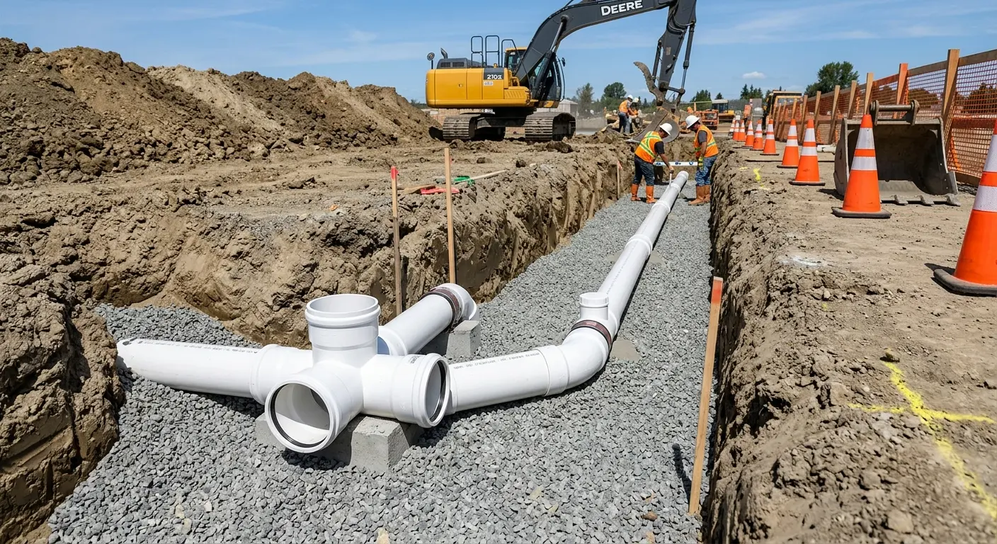 New PVC sewer pipe installation in open trench for Grease Trap Cleaning in Warr Acres