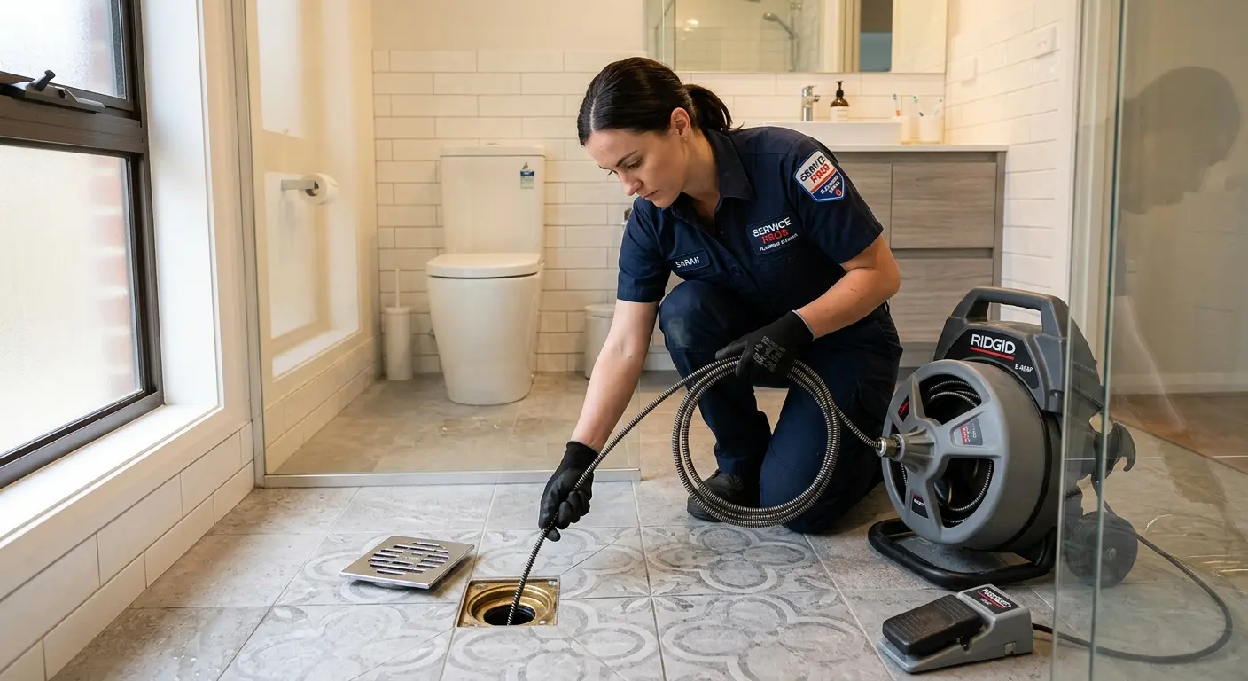 Technician clearing a bathroom floor drain for Drain Repair in Warr Acres